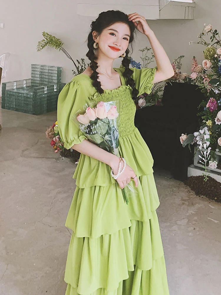 

Ruffles Dress Slim High Waist 2022 Summer Square Collar Short Puff Sleeves Green Medium Length Dresses For Women G688