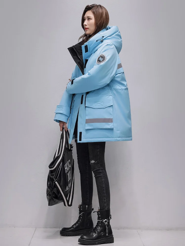 Женский пуховик средней длины зимняя новая модная Толстая парка контрастных