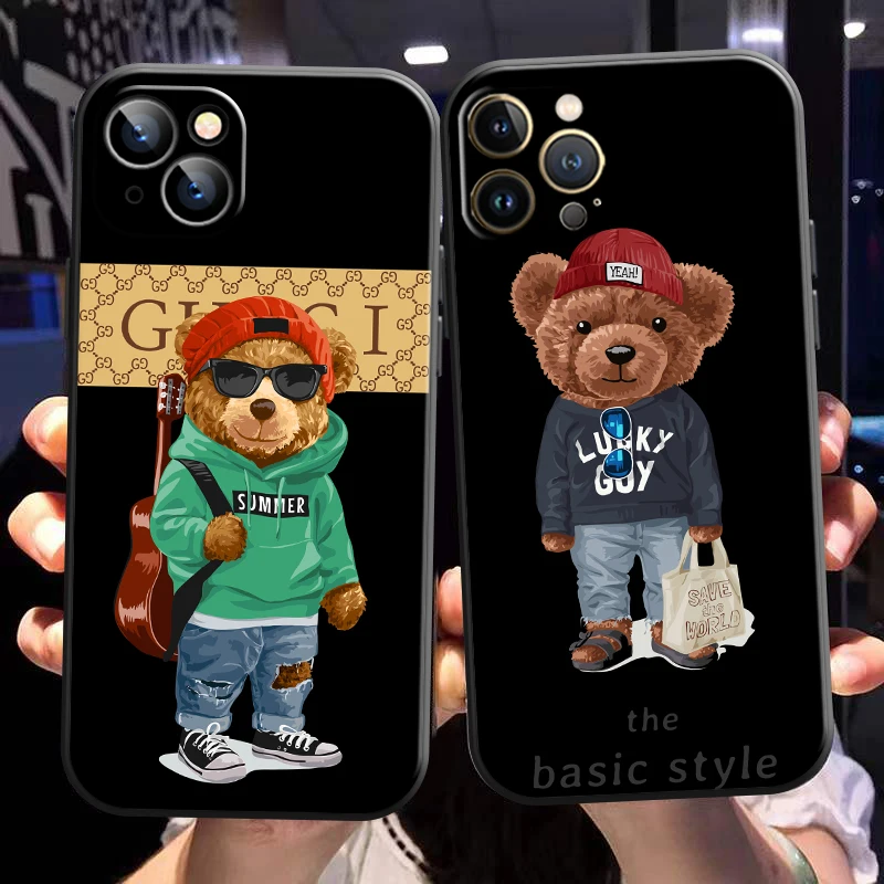 

Cute Bear Fashion Brand For Apple iPhone 13 12 11 Pro Mini X XR XS Max SE 5S 6 6S 7 8 Plus Phone Case Coque Back Liquid Silicone