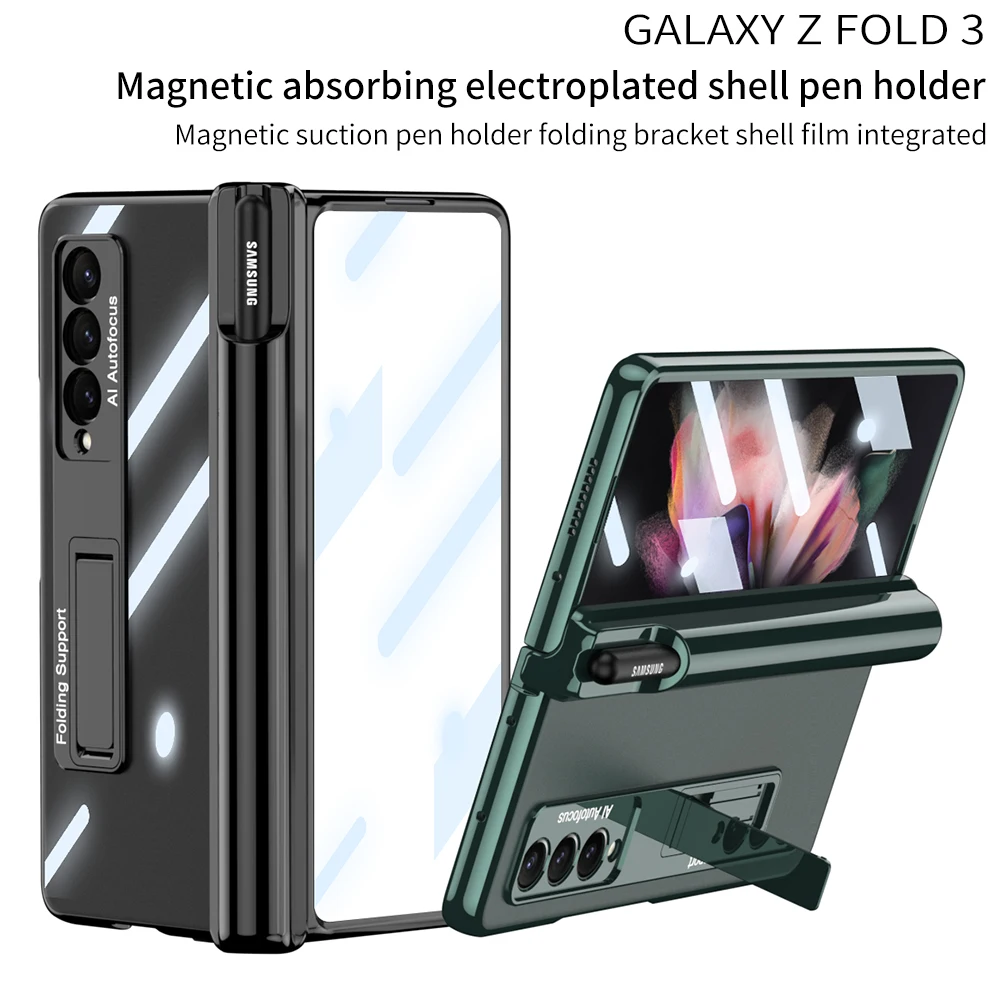 

Magnetic Hinge Pen Holder Case for Samsung Galaxy Z Fold 3 4 5G Transparent Plating Cover with Tempered Glass Film For Fold 3 4
