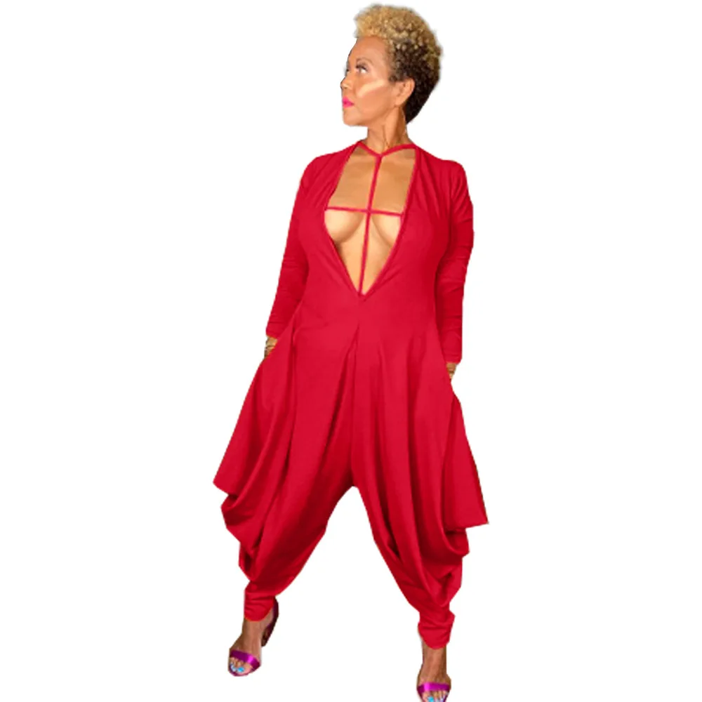 

Женский комбинезон с длинным рукавом, красный комбинезон с глубоким V-образным вырезом, повседневные свободные складные комбинезоны с карм...