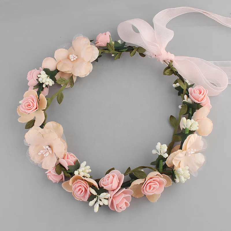 3D Artificial Flower Wreath Bride Women Flower Crown Hair Band Wedding Floral Headband Garland Ribbon Girl Hair Accessorie 2023