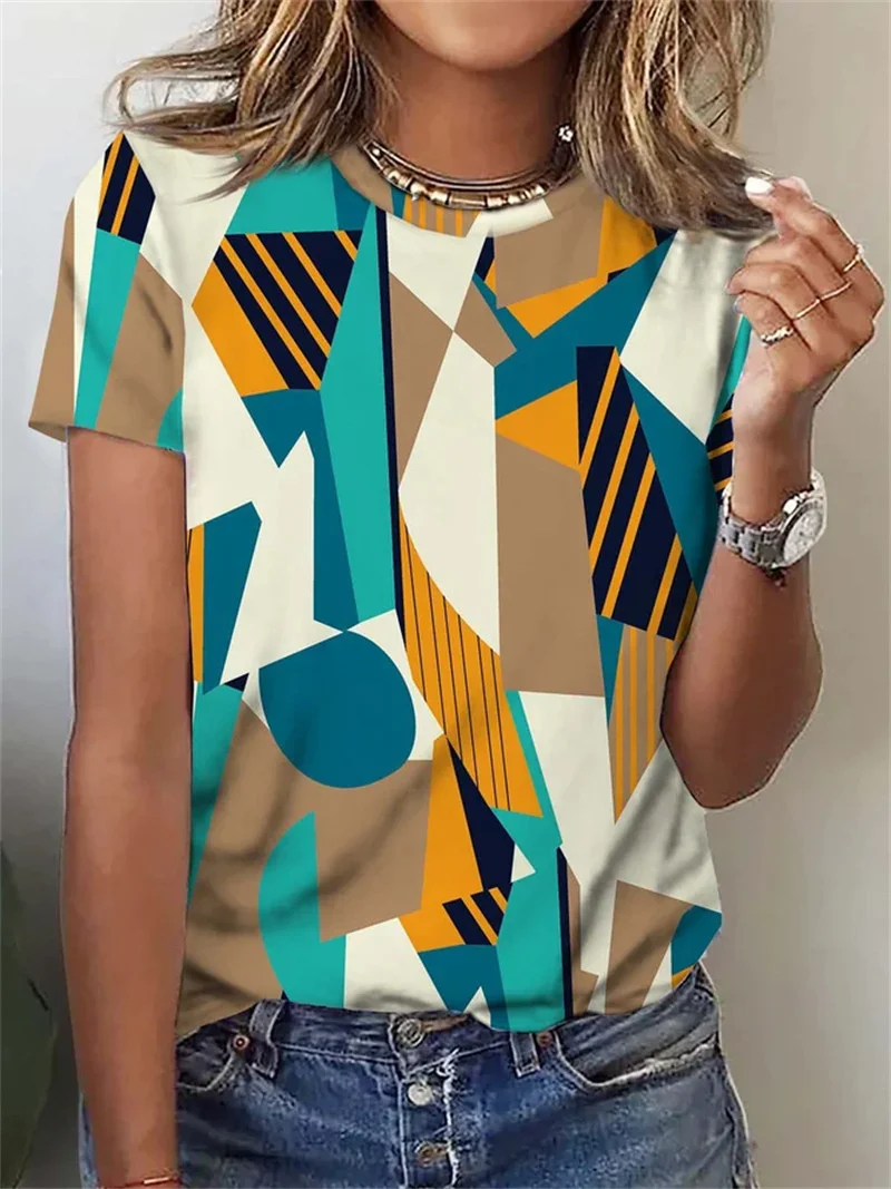

Женская футболка с коротким рукавом и круглым вырезом, повседневная универсальная базовая футболка с геометрическим принтом, лето 2023