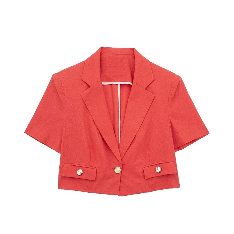 

YENKYE 2023 Women Single Button Linen Blend Cropped Blazer Vintage False Front Flap Pockets Female Chic Outerwear Tops