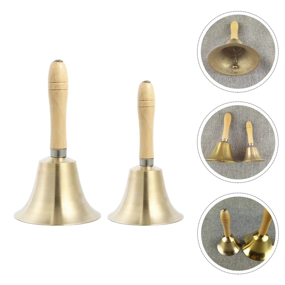 

2Pcs Restaurant Practical Call Bell with Handle Wood Handle Hand Bell Small School Bell Copper Hand Bell Metal Bell Ornament
