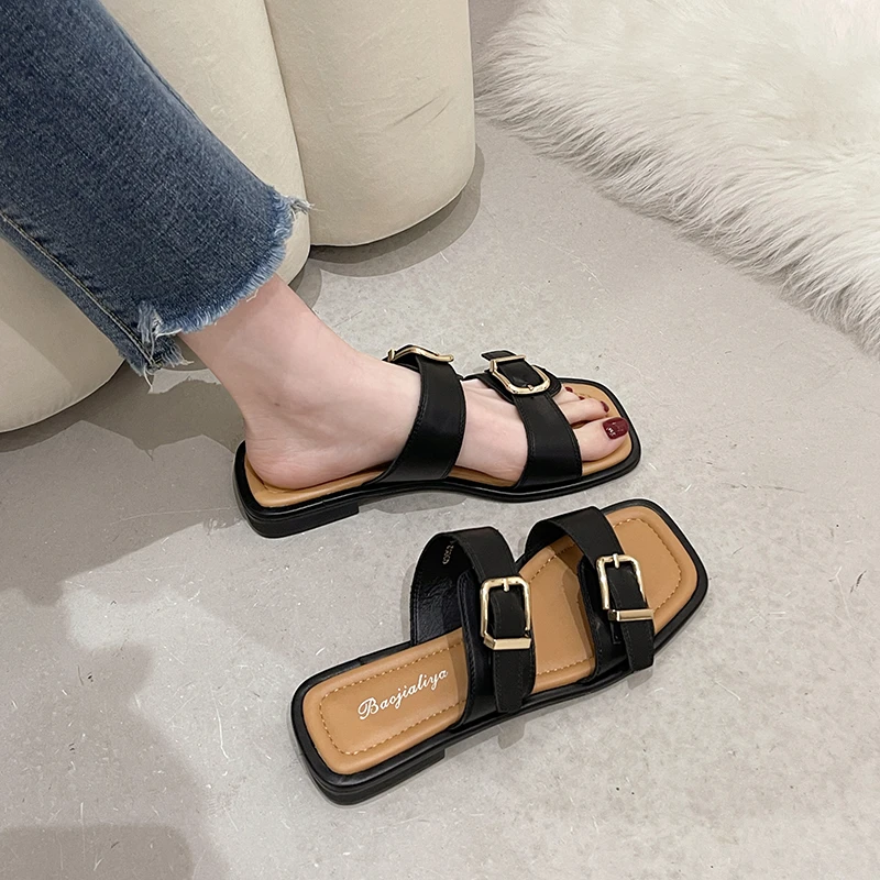 

Solid Metal buckle band slip on wedges sandals women slippers beach shoes woman open toe rubber antiskid gladiator sandalias2022