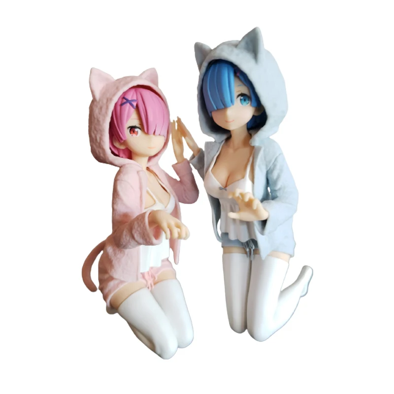 

11.5CM Anime Figure Re:Life In A Different World From Zero Rem And Ram Kneeling Cat Pullover Coat Model Dolls Toy Gift Collect