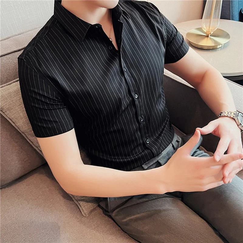 Classic Striped Men's Shirts Summer Short Sleeve Slim Casual Business Formal Dress Shirt Social Party Tuxedo Blouse Man Clothing