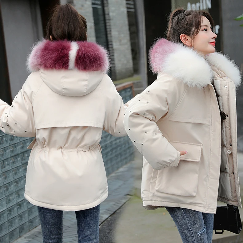 Winter Parkas Women Fashion Fur Collar Hooded Thicker Warm Solid Colors Cotton Coat Jacket with Pocket Zipper 5 Colors Oversize