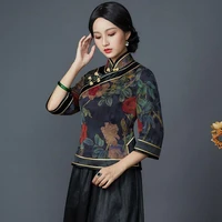 2022 chinese style tang suit vintage cheongsam top floral printing satin shirt oriental retro top women elegant loose blouse pd