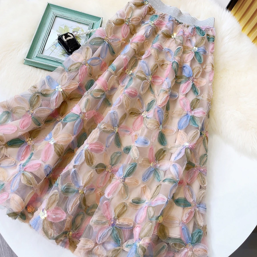 

Женская летняя трапециевидная длинная юбка с высокой талией, цветочной вышивкой и блестками, элегантная сетчатая юбка с бисером, Femme Faldas Jupe Saia