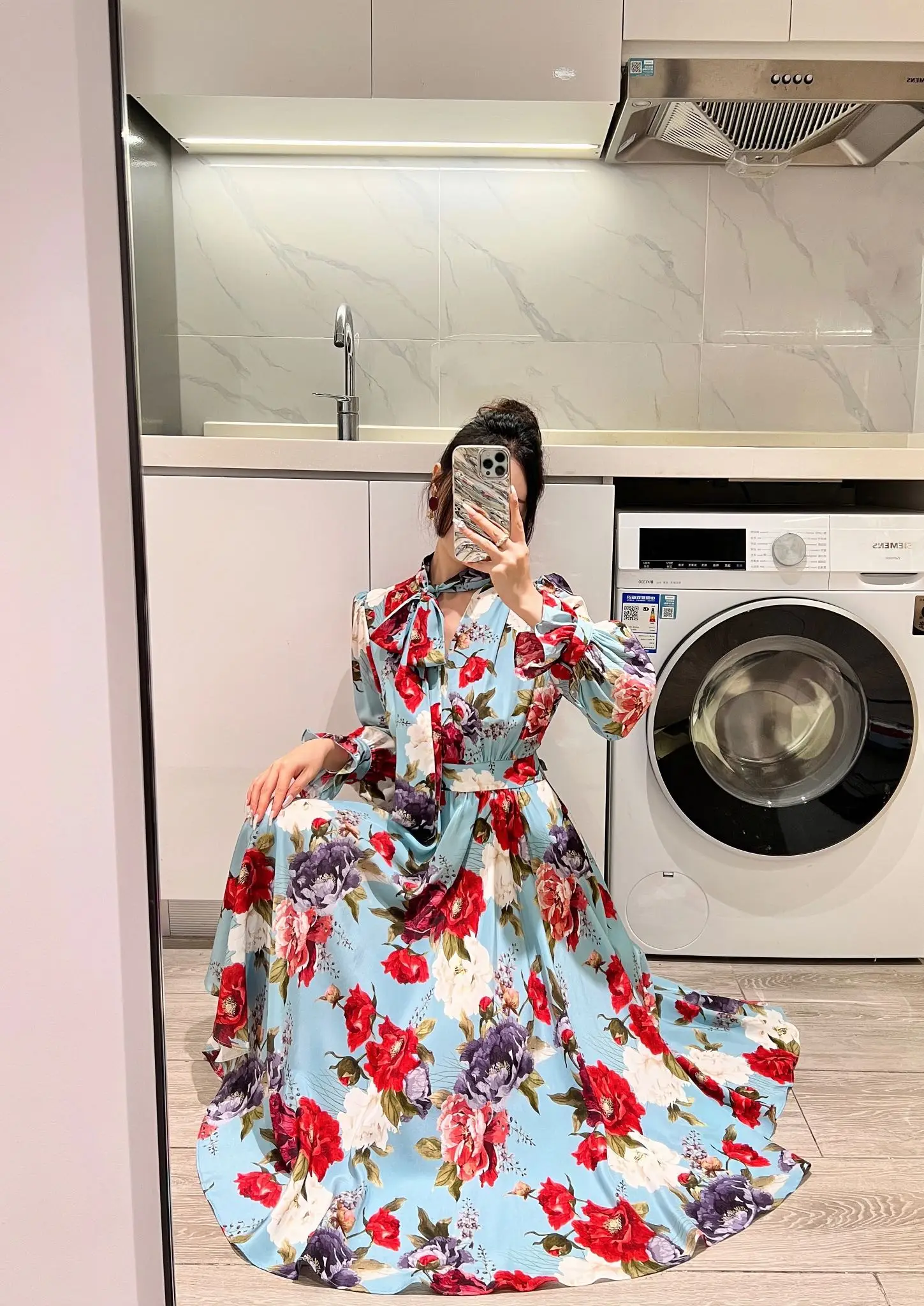 

Silk 2023 New Floral Printing Spring Summer High Quality Vintage Elegant Streamer Lace-up Long Sleeve Ruffles Woman Midi Dress