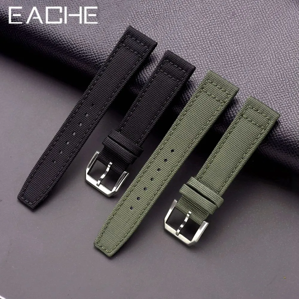EACHE Popular Leather Sailcloth Watch Strap For Men 20mm 21mm 22mm Army Green Black Cordura Watchband Silver Color Pin Buckle