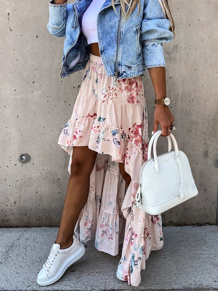 Женская Асимметричная юбка с цветочным принтом длинная высокой эластичной