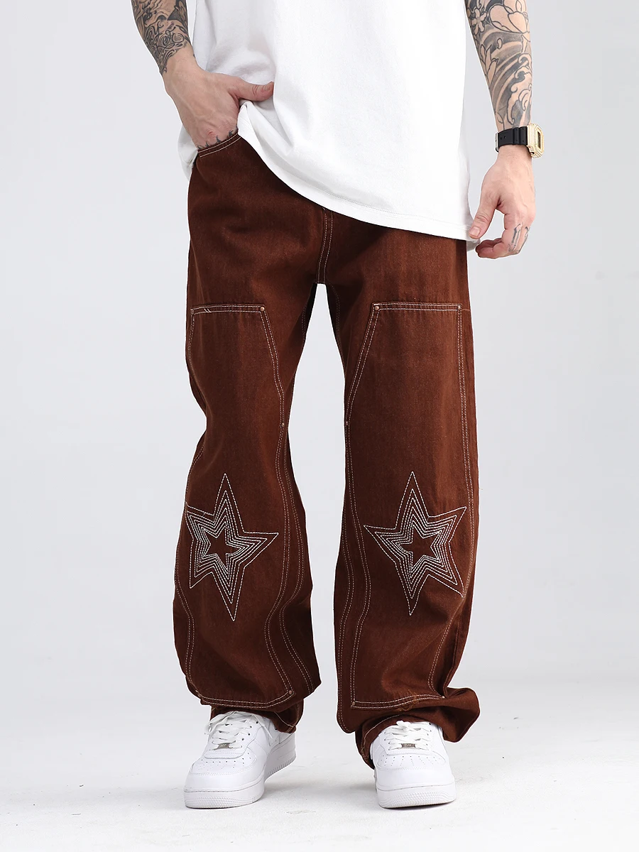 Brown Mid Waist Loose Embroidered Jeans Men's Latest Design Star Hip Hop Jeans Straight Loose Boyfriend Pants Y2K INS Hot Sale