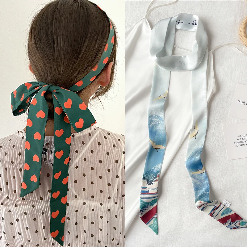 

198*5cm Long Silk Skinny Hair Scarf Women Hair Bands Ribbon Ladies Neck Tie Hand Wirst Wrap Fashion Scrunchies Accessories