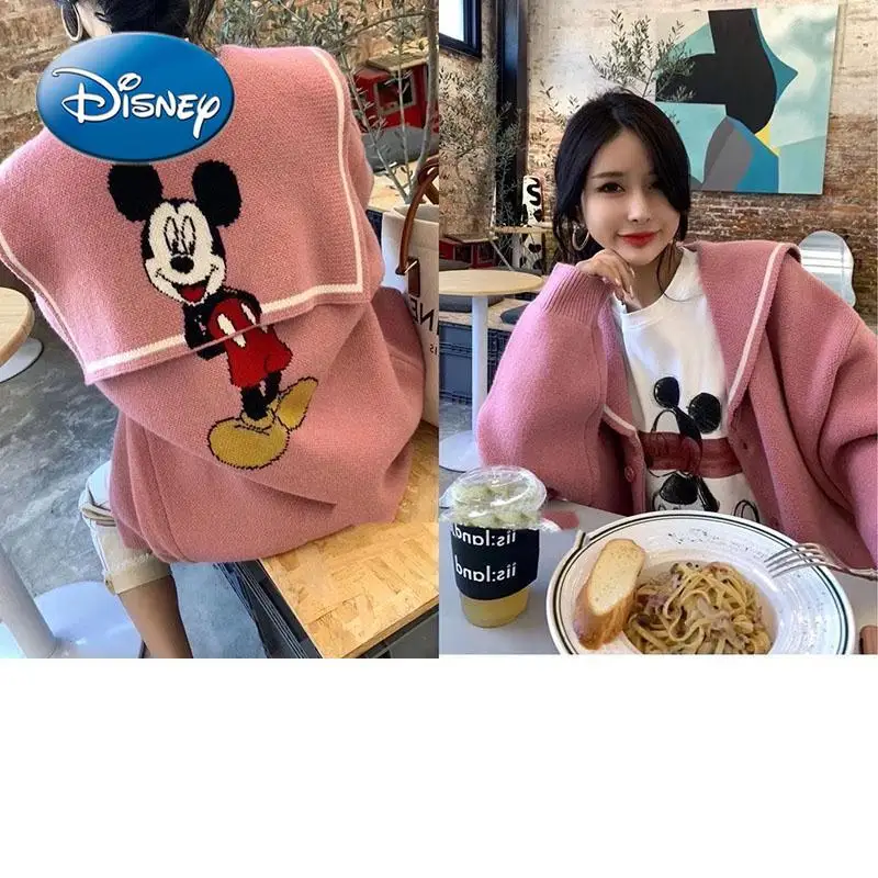 

Disney Mickey Mouse Autumn and Winter Navy Collar Knitted Cardigan Korean Loose Sweater All-match Jacket for Women