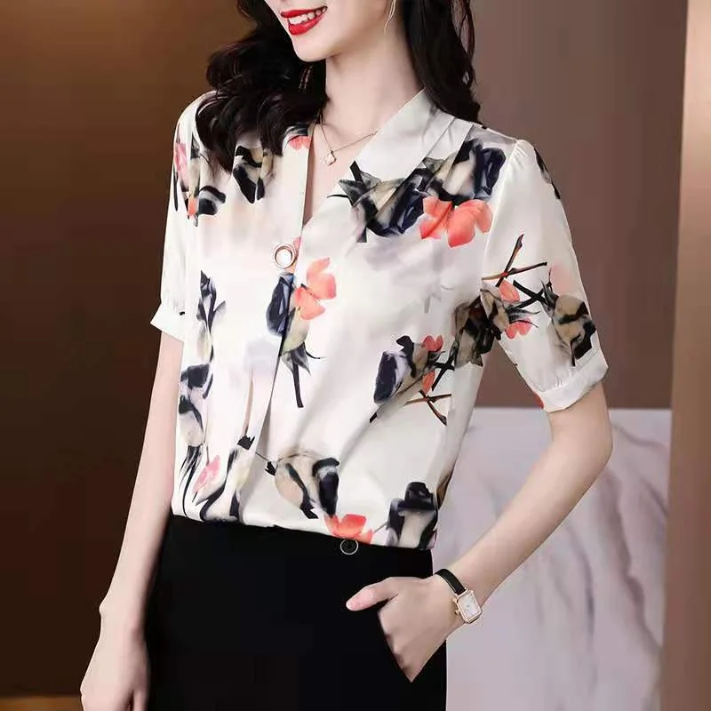 

Poplin Loose Women's Blouses New Casual Fashion Short Sleeve Top Flower Print V-neck Summer Shirt Houthion