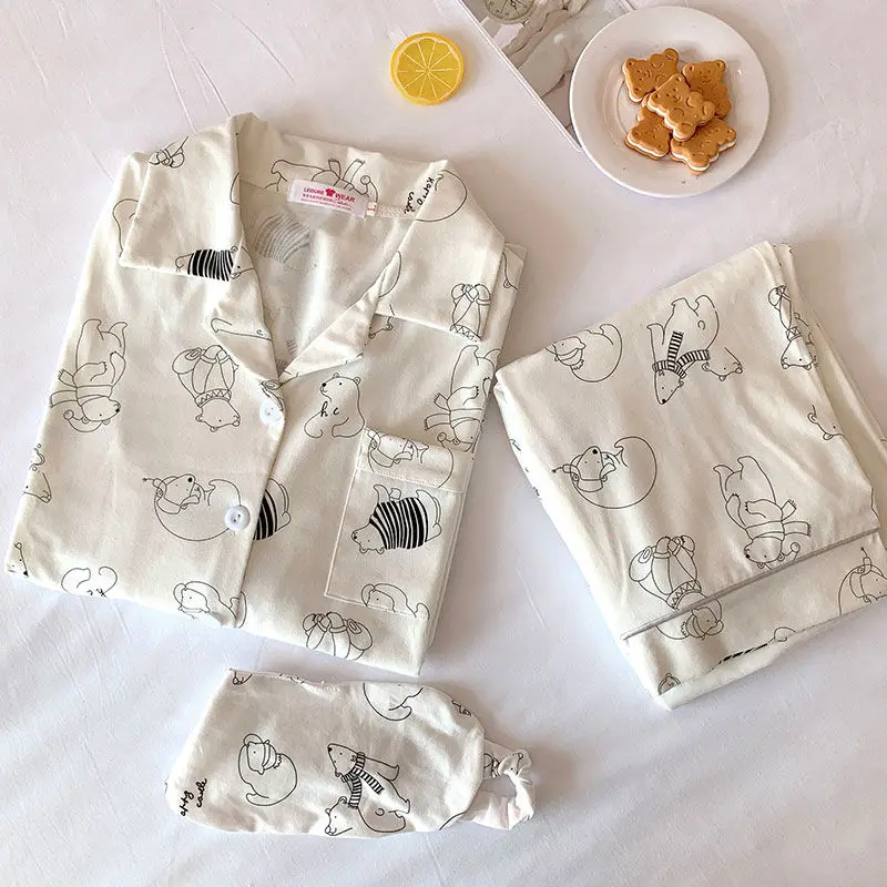 QWEEK Pijamas Women Cotton Two Piece Set Pajamas Summer Autumn Kawaii Animal Print Pour Femme Pyjamas Sleepwear Loungewear Cute