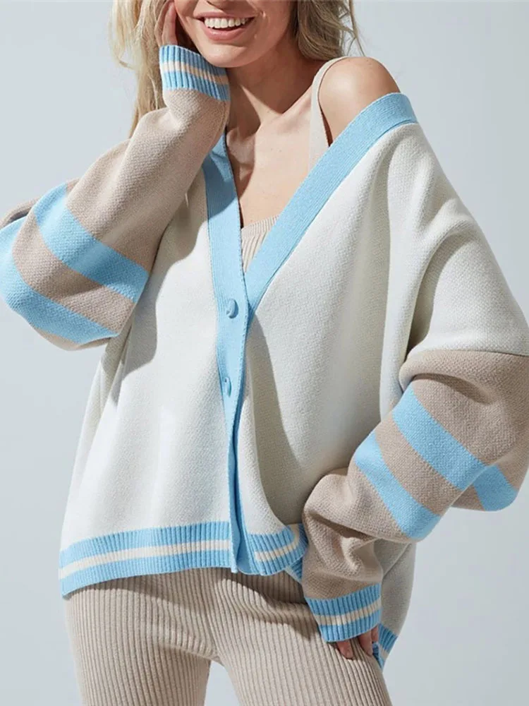 

Autumn Winter Knitted Sweaters Women Contrast Striped Cardigans Fashion Causal Thick Warm Coats Female Simple Luxury Cardigan