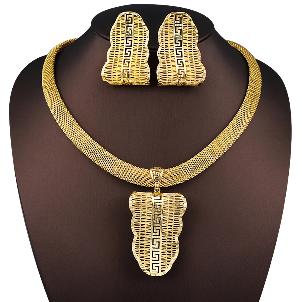 

Luxury Designer Gold Color Hollow Geometry Pendants Necklace Earring Jewelry Set Dubai Africa Nigerian Women Wedding Party Gifts