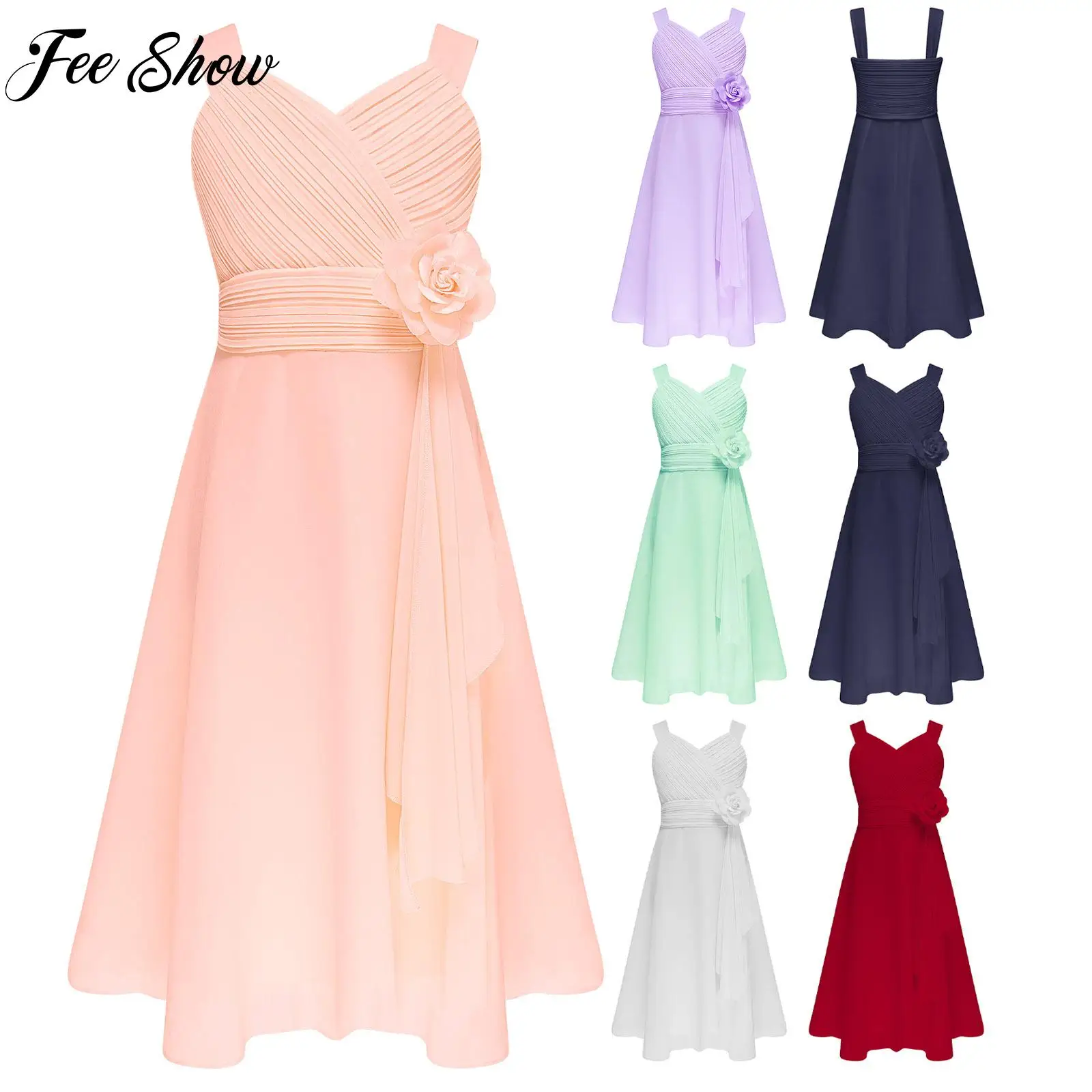 

Girls Party Dress Lyrical Dance Costume Elegant Flower Dress V Neck Sleeveless Ruffle Chiffon Dress for Kids Wedding Birthday