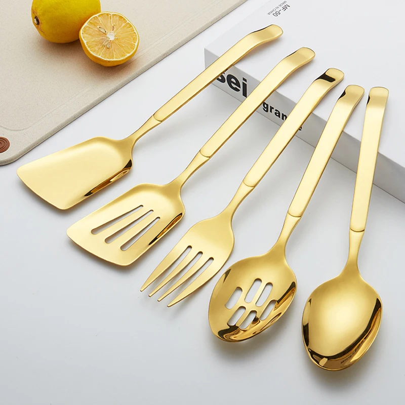 

5 Pcs 11 Inch Large Serving Spoon Set 304 Stainless Steel Gold Dining Table Set Full Tableware for Serving Kitchen Accessories