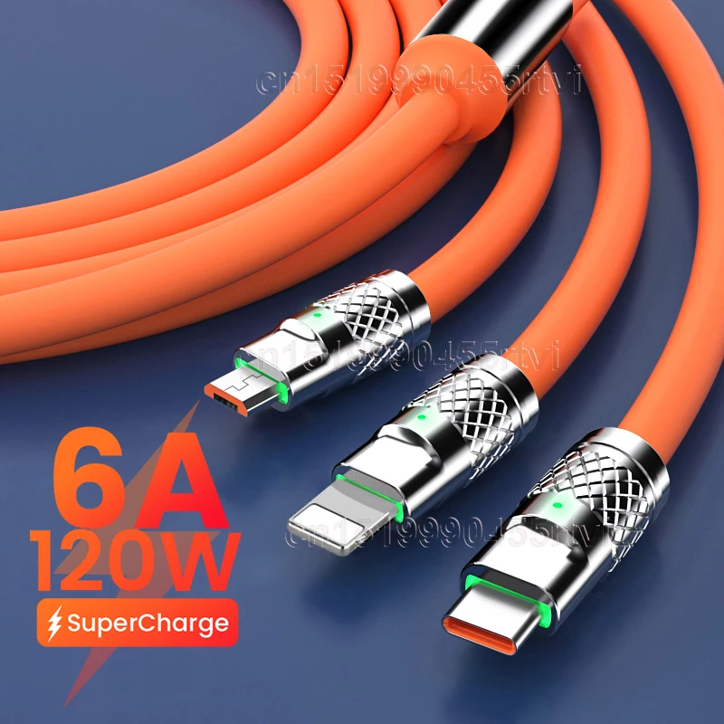 Кабель зарядный 3-в-1, 2 в 1, 6 А, 120 Вт, Micro USB Type-C