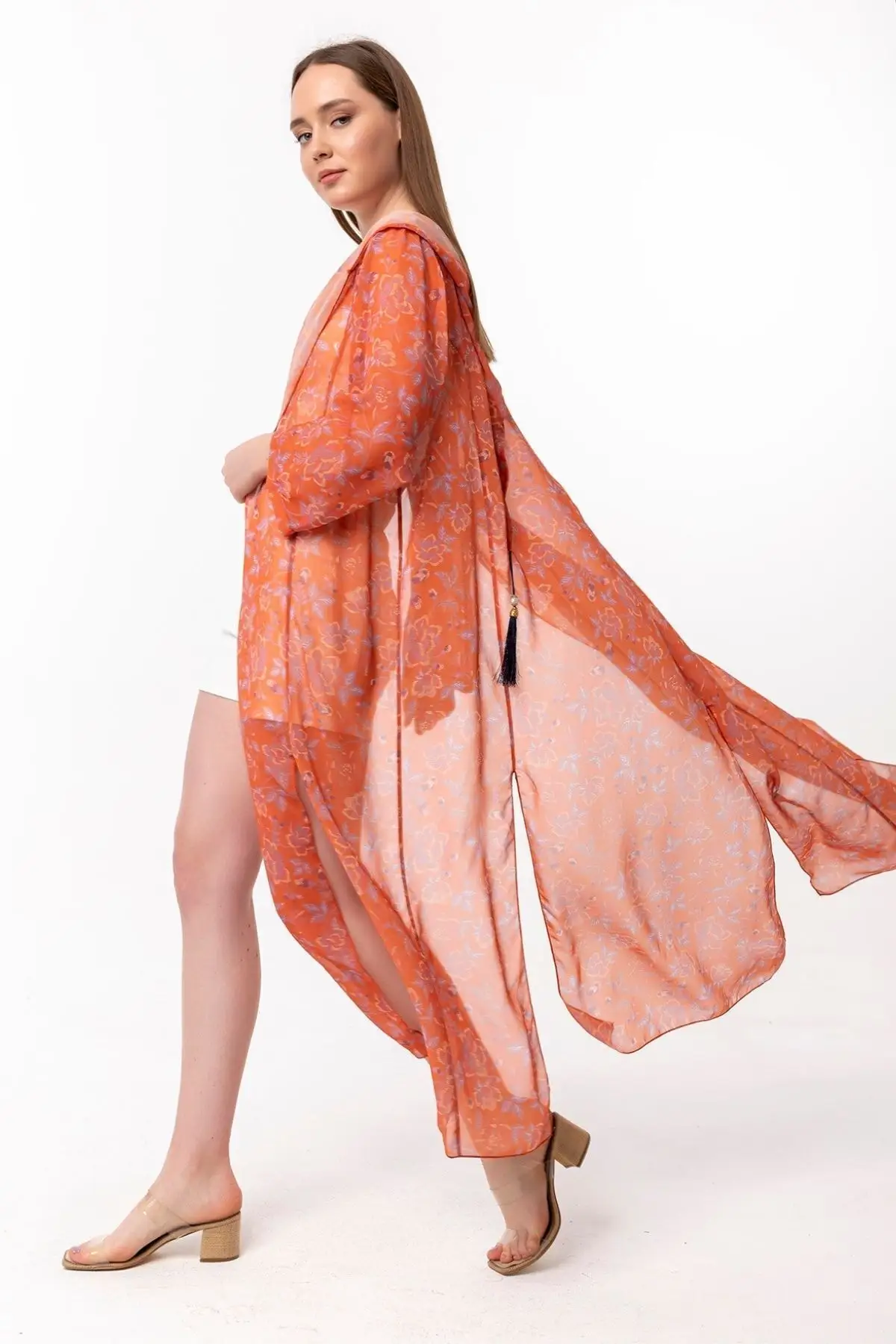 

Женское парео, оранжевое шифоновое кимоно с капюшоном и разрезом, одежда для плавания, накидка, платье, сексуальный костюм-туника, пляжная о...