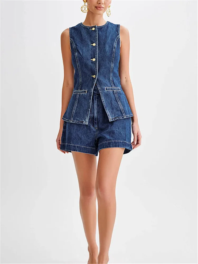 Женский джинсовый костюм без рукавов повседневный комплект из двух предметов