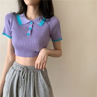 korean knit t shirt summer women contrast color short sleeved polo short bottoming shirt top all match casual ladies clothes