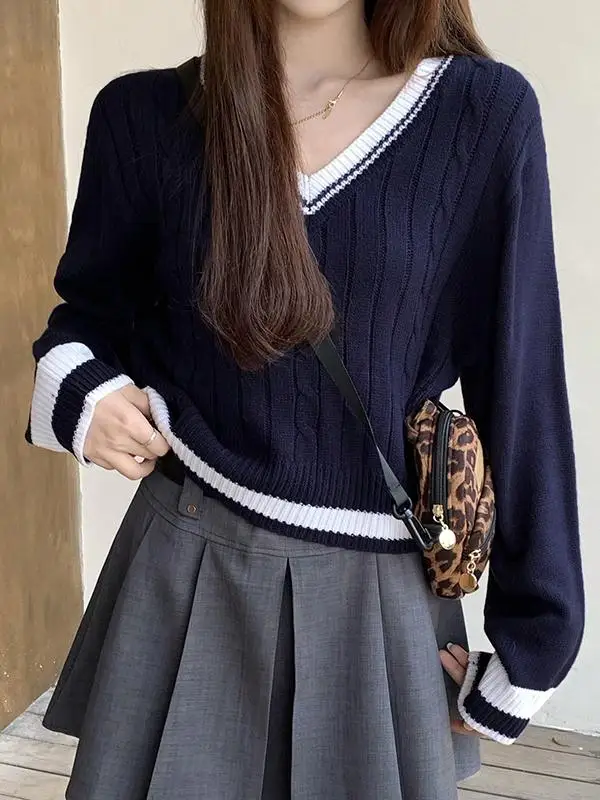 2024 Ранняя осень новинка темно-синий короткий вязаный женский свободный