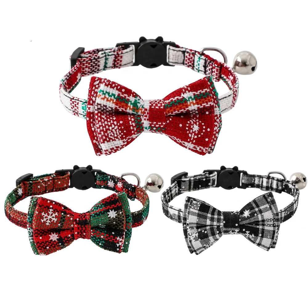 

Cat Collar Christmas New Year Buffalo Safety Buckle Breakaway with Cute Bow Tie and Bell Accessory for Kitten Adjustable Pets