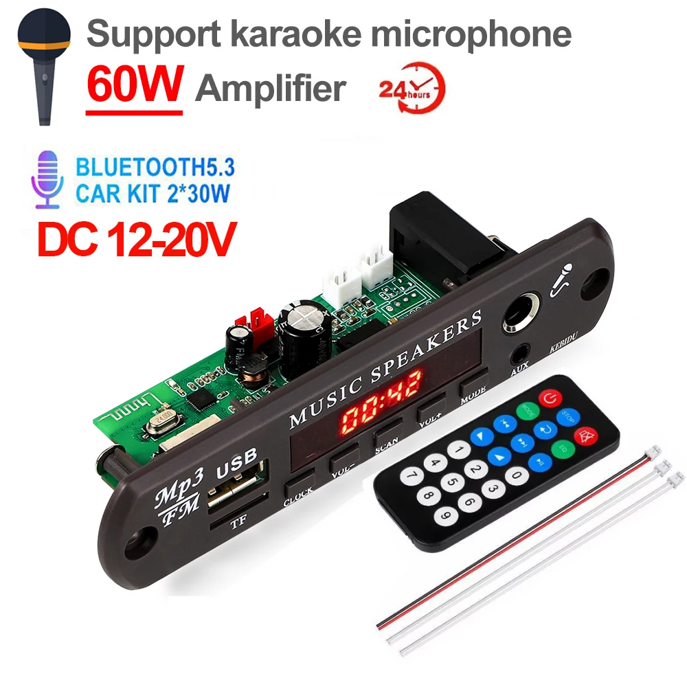 

Плата декодирования Bluetooth 5,3, плата декодера MP3 12-15 В, часы, дисплей времени, микрофон, автомобильное FM-радио, USB TF, музыкальный плеер, динамик