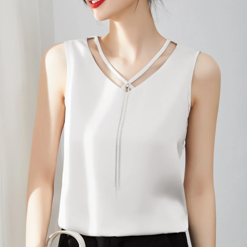 

Fashion Summer Woman Elegant Satin Shirts and Blouses Stylish Sleeveless Silk Tops 2023 New V Neck White Vest Blusas 26870