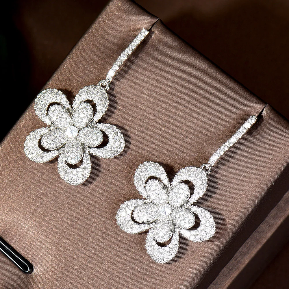 

HIBRIDE New Fashion Flower Design AAA Cubic Zircon Big Dangle Earrings For Women Luxury Bridal Wedding Party Jewelry E-466