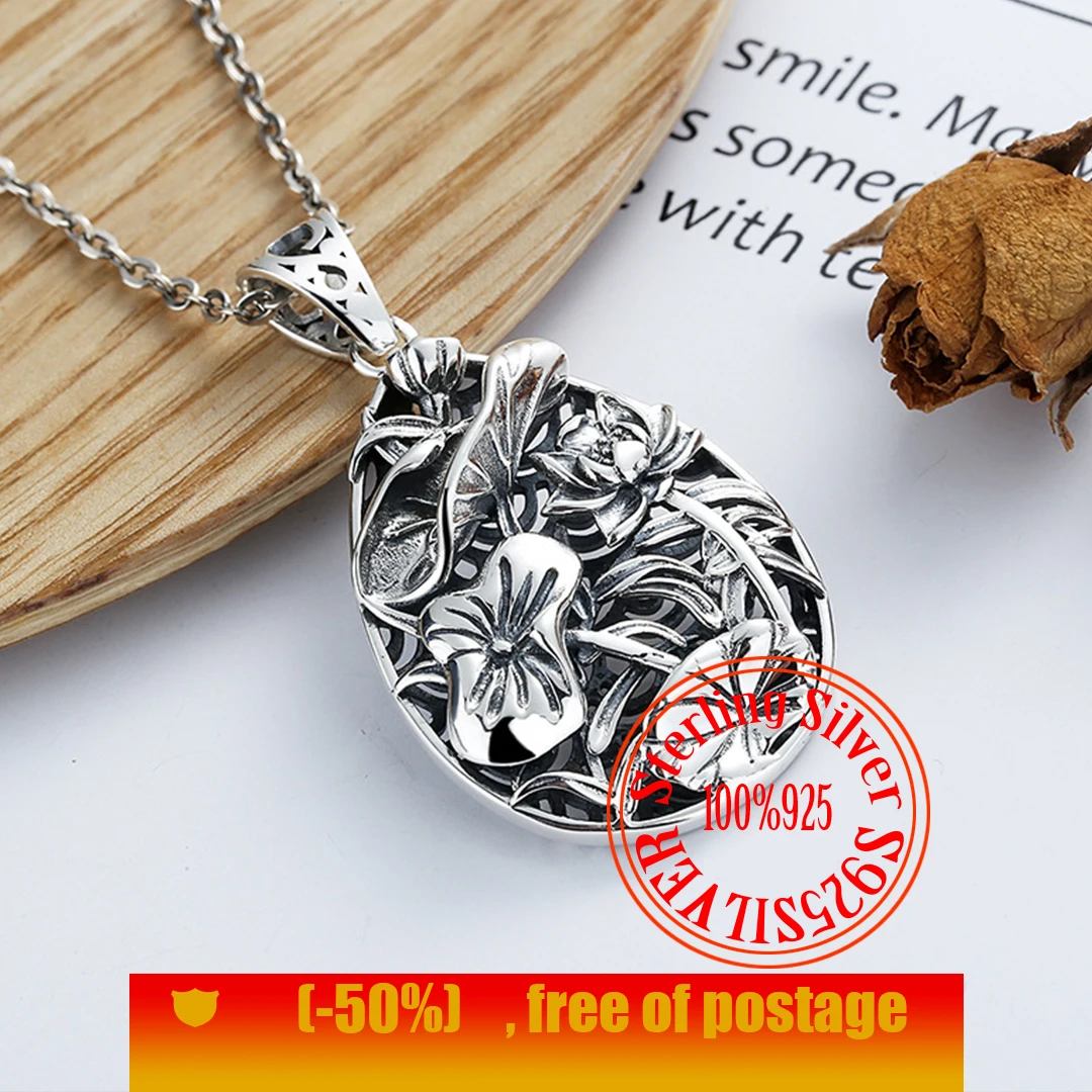 925 Sterling Silver three-dimensional hollowed out lotus leaf lotus pendant retro women's necklace fashion sweater chain pendant