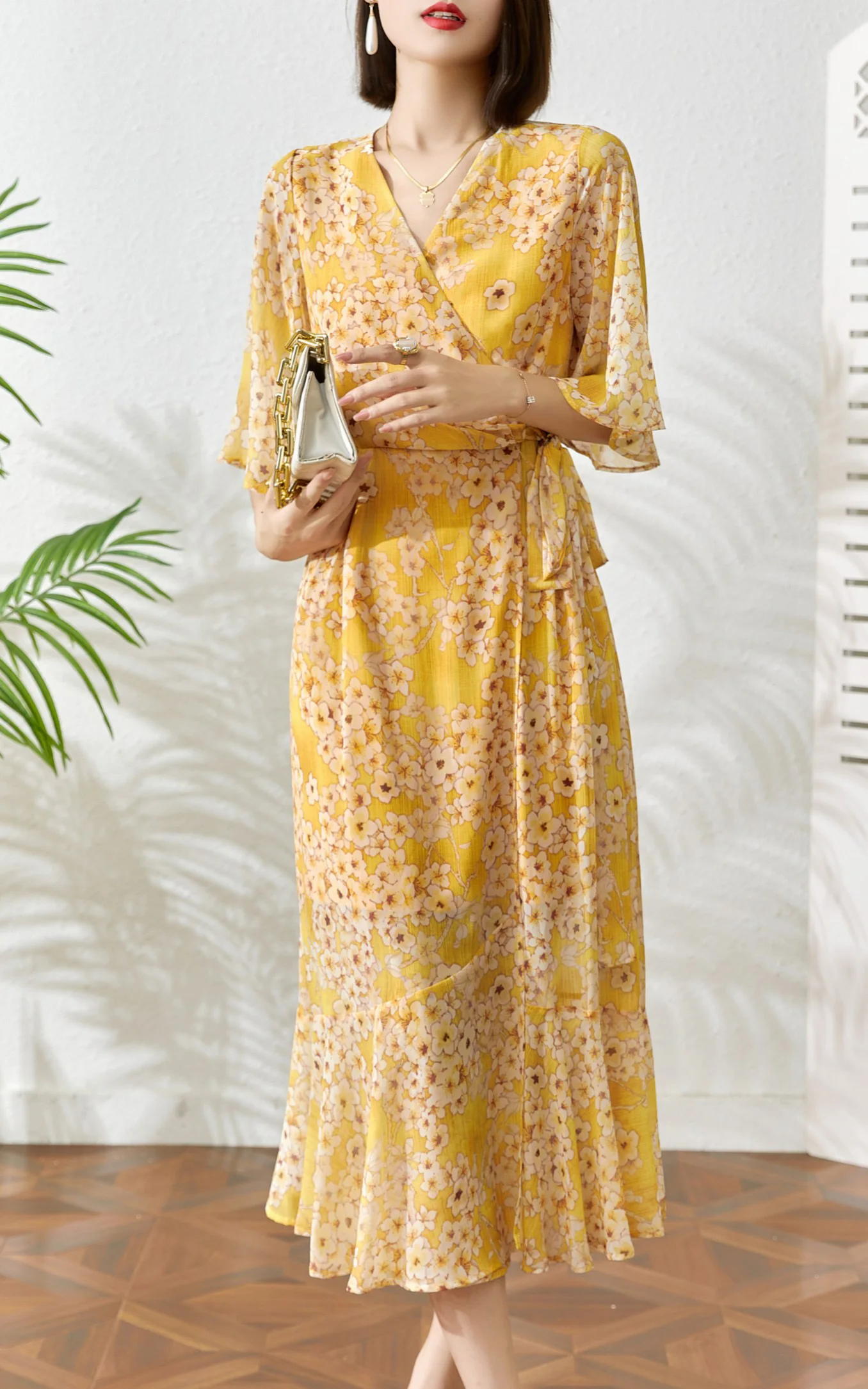 

Женская одежда 2023 изысканное желтое Цветочное платье 0803