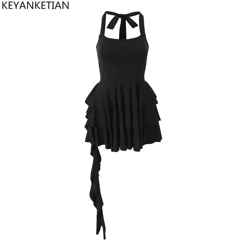 

KEYANKETIAN Summer New Hanging Neck Asymmetrical Streamer Tight-Fitting Strapless Dress Very Sexy Peplum Mini Skirt Black