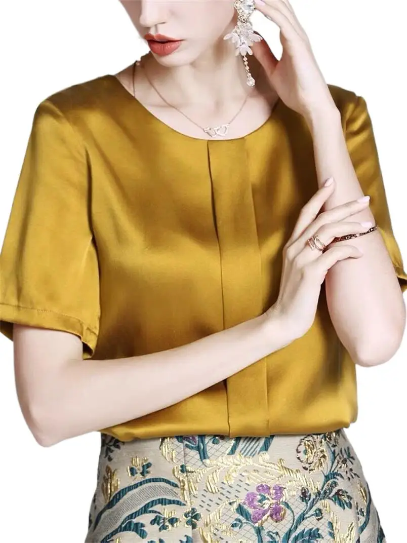 

Vintage O-Neck Short Sleeve Woman T-Shirt Summer 2023 French Style Chic Satin Tops Elegant Blouse Simple All Match Blusa Mujer
