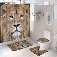 animal lion shower curtains sets tropical wildlife waterproof bathroom screen non slip carpet toilet cover floor bath mats home