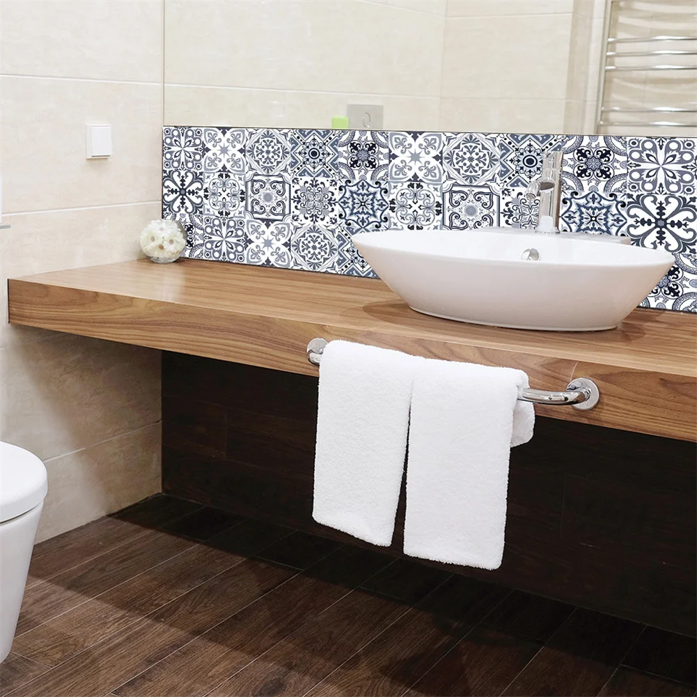 

10PC 10/15CM Wall Sticker Ceramic Style Gray Floral Tile Sticker Self-adhesive Waterproof Wallpaper For Kitchen Bathroom Cabinet