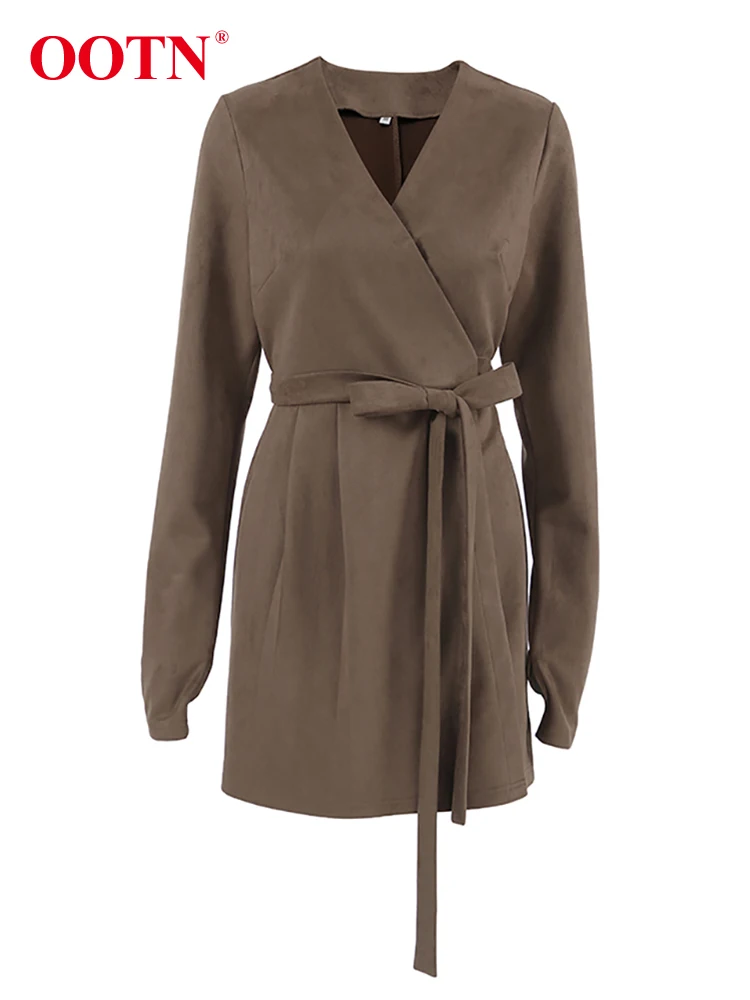 Элегантное замшевое трикотажное женское платье OOTN со шнуровкой коричневые