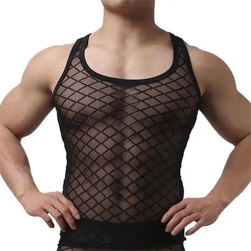 Men's Diamond Mesh Sexy See-through Vest Long-sleeved Short-sleeved Short Top Breathable And Comfortable Trousers Combination