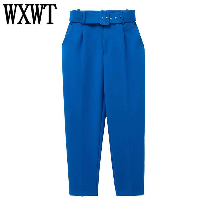 

Однотонные элегантные прямые брюки WXWT, женские деловые Костюмные брюки, женские плиссированные длинные брюки с поясом, женские брюки LY9757