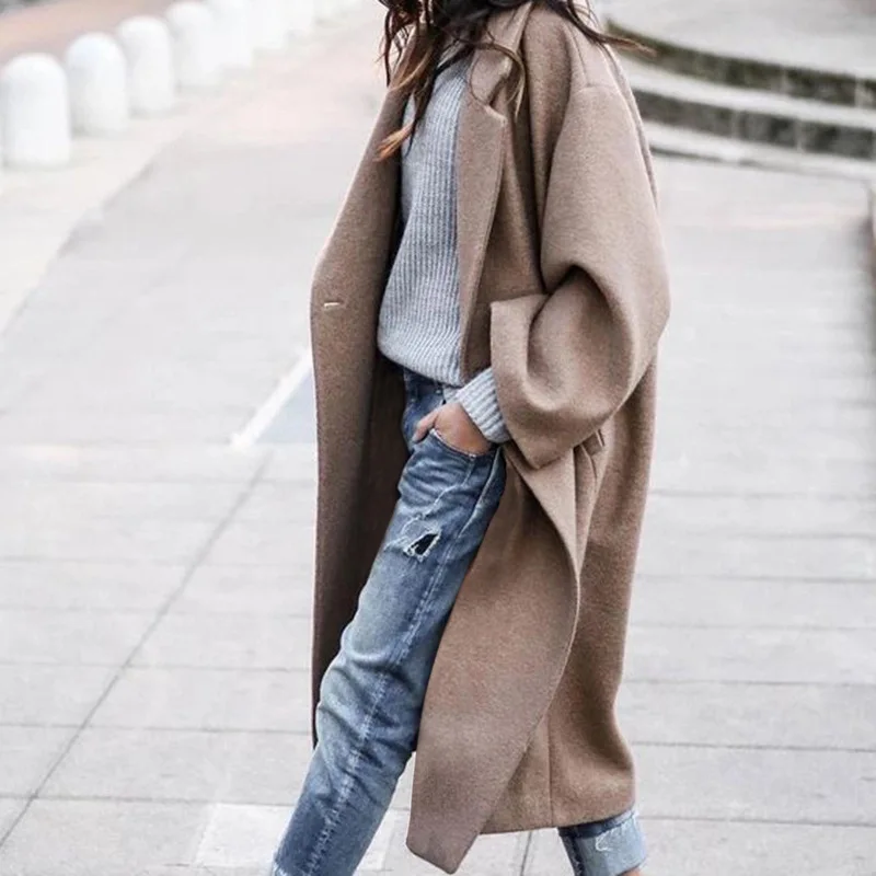 

Women's Clothing Sprin Autumn and Winter Solid Color Loose Fashion Long Lapel Wool Coat Jacket Wool Coat Slit Cardigan Jacket