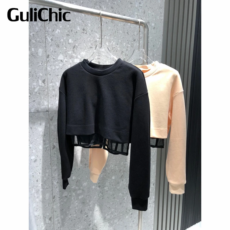 

8.29 GuliChic Women Round Neck Fake Two Piece Lace Patchwork Short Pullover Sweatshirt