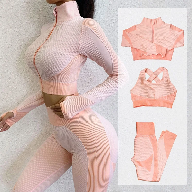 

Women Sports High Waist Leggings Seamless Gym Clothing Workout 3 Pieces Running Suits Fitness Leggins Booty Lifting