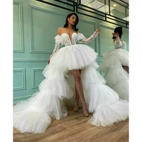 elegant overskirt layered tulle prom party dresses 2022 off shoulder long sleeve lace bridal evening gown detachable train
