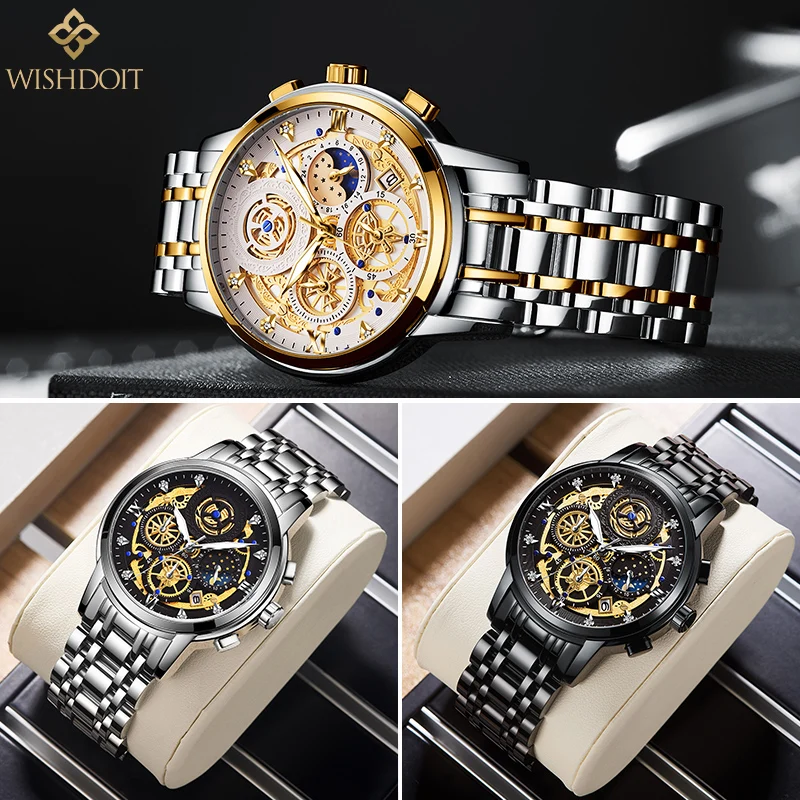 Waterproof Stainless Steel Quartz Analog Fashion Business Sun Moon Star Wristwatches Top Brand 4